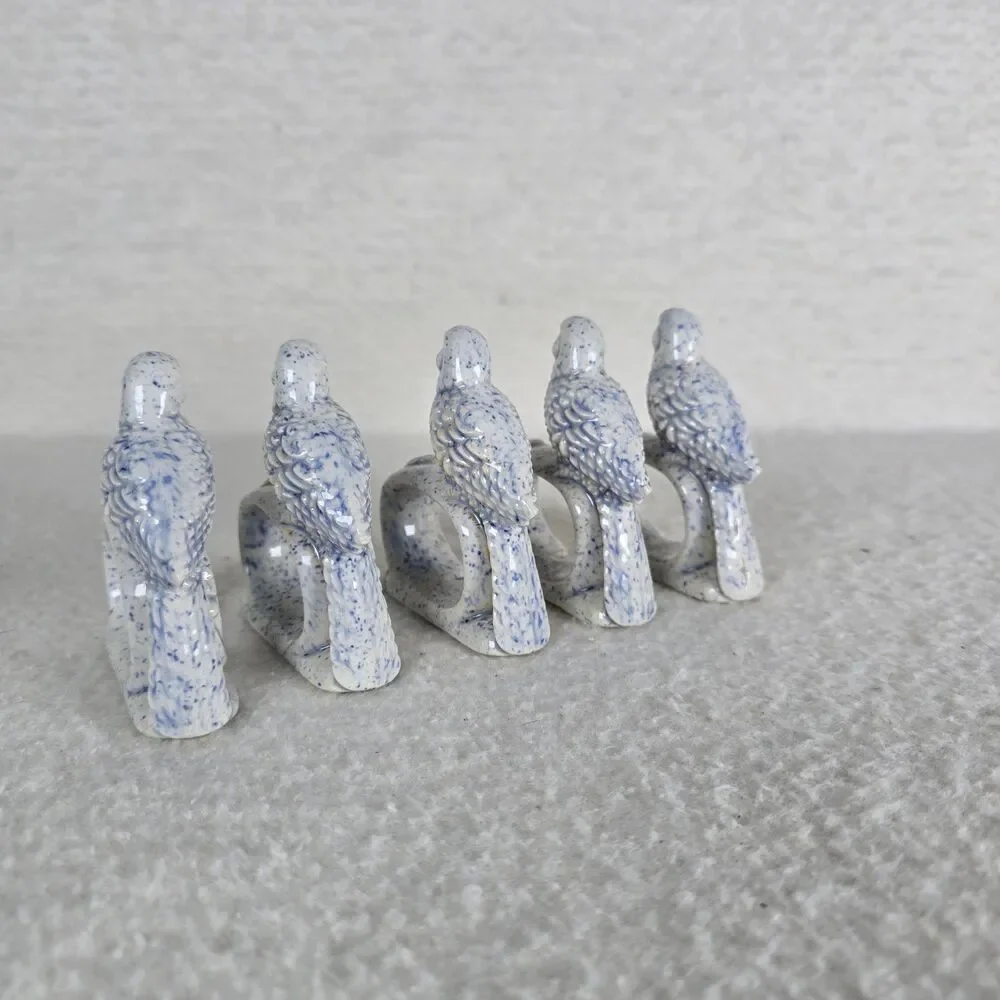 Vintage Chinoiserie Blue and White Bird Ceramic Napkin Holders Set of 5